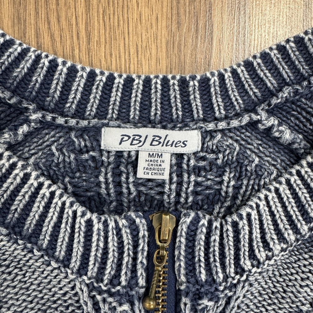 Womens Fisherman Knit Zip Front Sweater Blue Textured Coastal Cardigan Layering - Picture 9 of 13